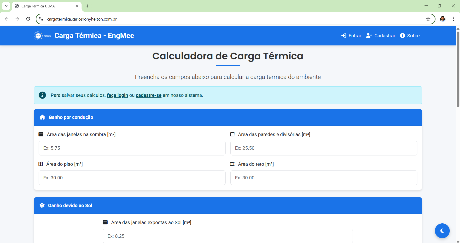 Calculadora de Carga Térmica EngMec UEMA